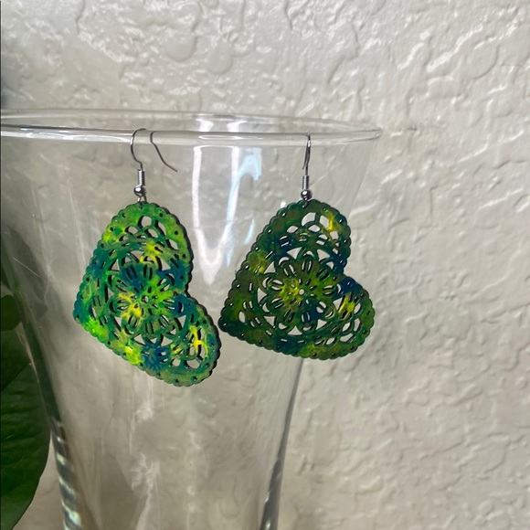 Green and Blue Heart Earrings - Picture 2 of 7